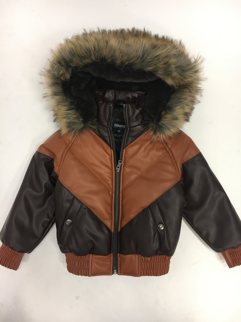 Kids Faux Leather V Bomber Jacket with Detachable Faux Fur Hood - Cognac