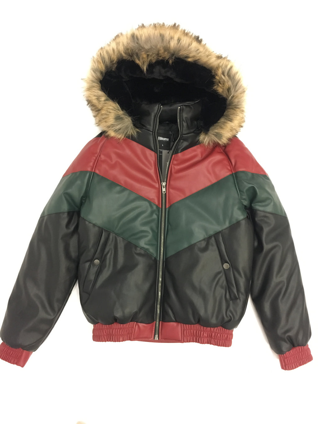 Kids Faux Leather V Bomber Jacket with Detachable Faux Fur Hood - Red,Green,Black