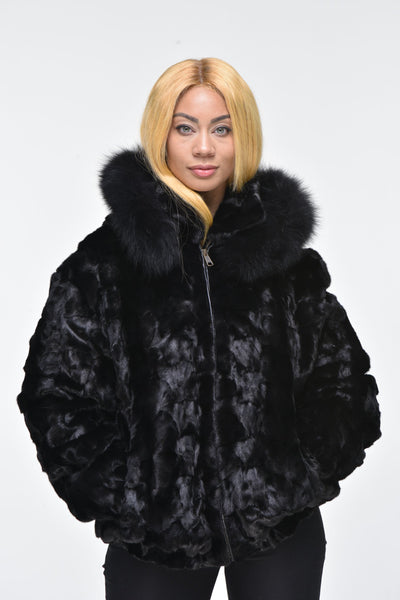 Woman's Azure and Rose Mink Fur Bomber Jacket with Fox Trim Hood