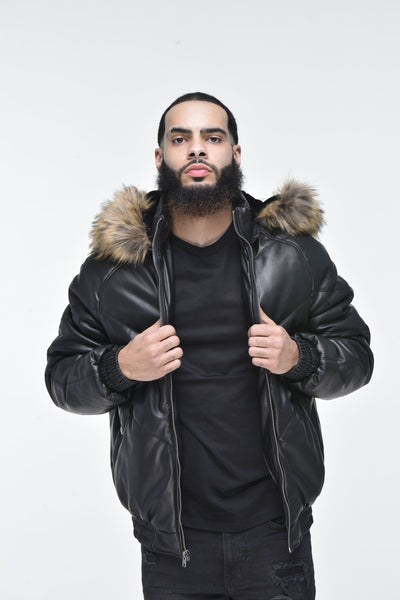 Mens black jacket hot sale with fur hood