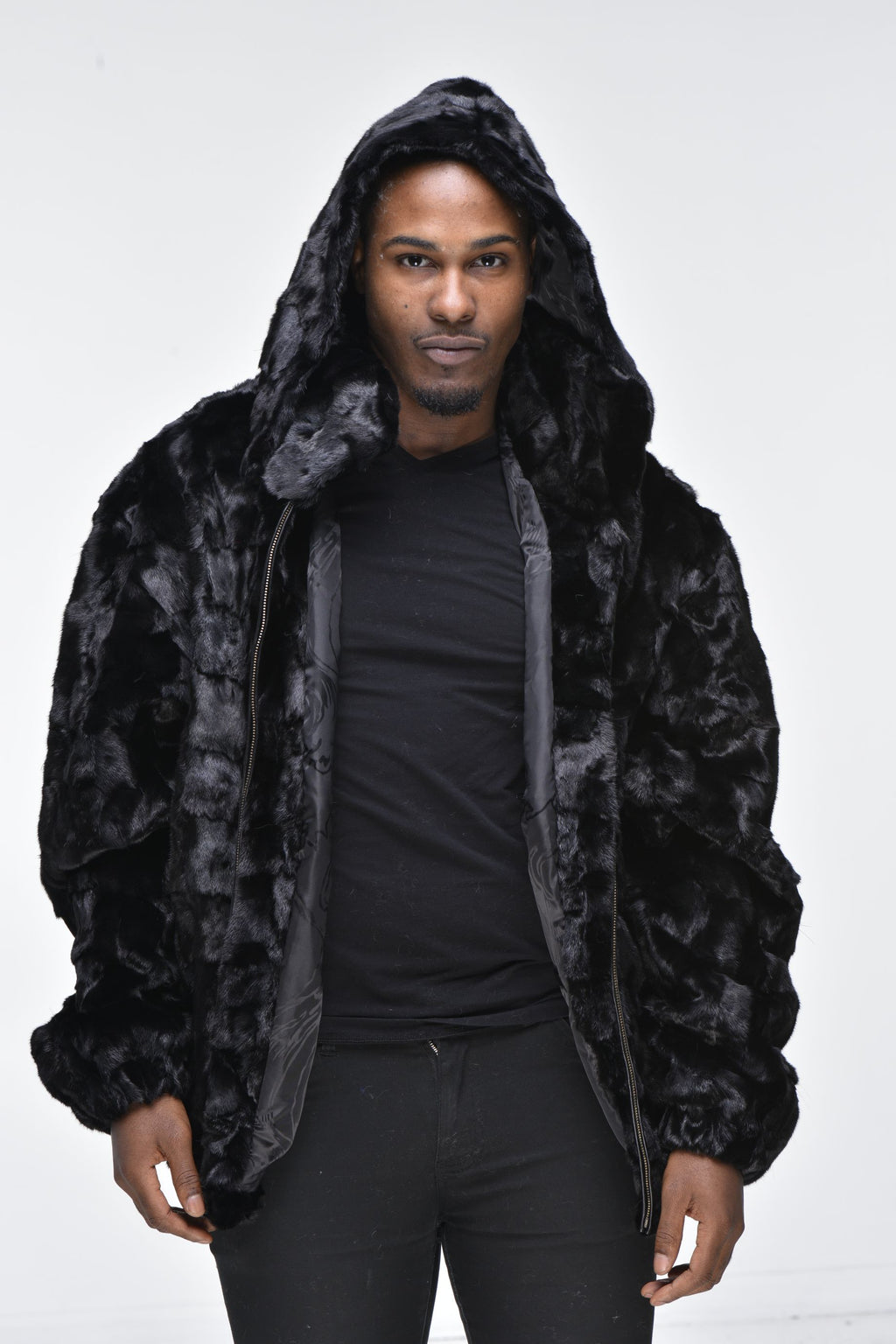 Men’s Mink Fur Bomber Jacket with Hood – Black
