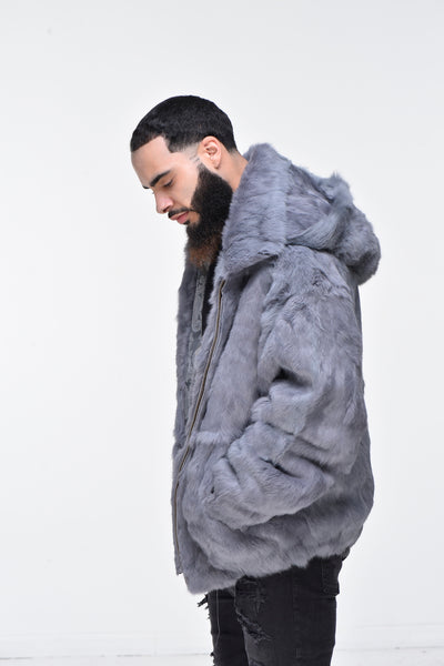 Lucas Natural Grey Rabbit Fur Hooded Bomber Jacket for Men