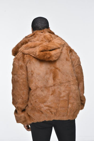 Frances Whiskey Rabbit Fur Bomber Jacket with Hood