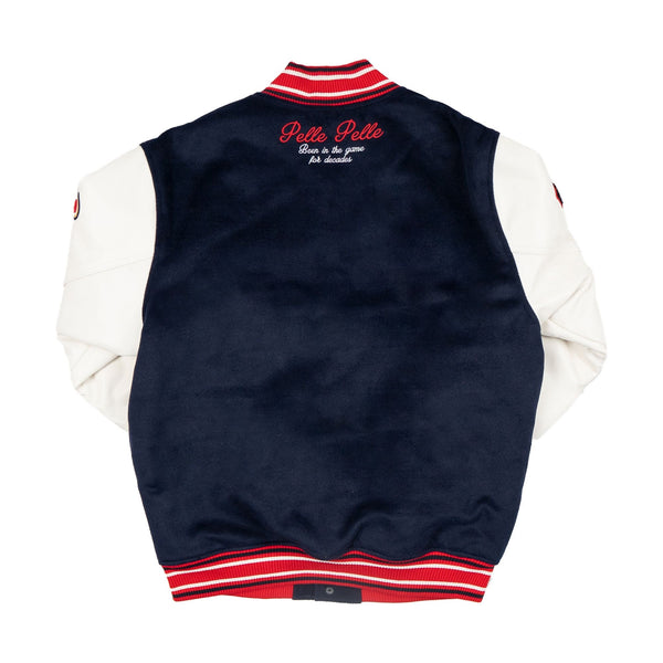 Navy Blue Faux Leather Sleeves White Wool Varsity Jacket