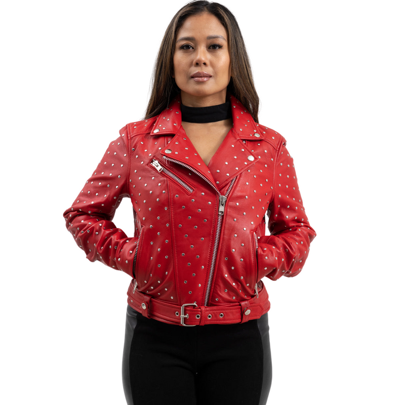 Claudia Womens Fashion Leather Jacket Women's Leather Jacket FMCo Fire Red XS 