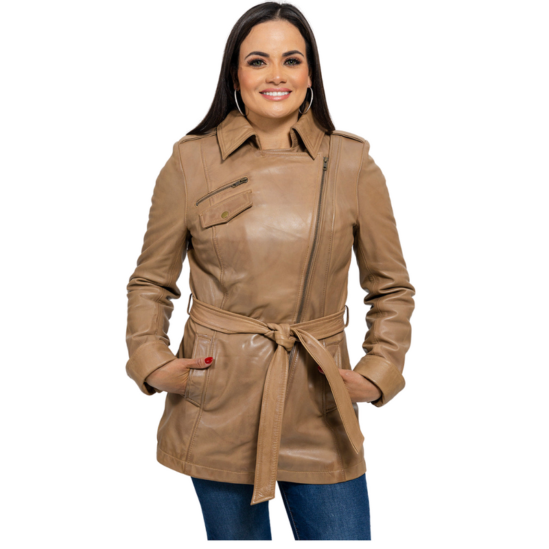 Traci Leather Trench Coat Women's Leather Jacket FMCo Camel XS 