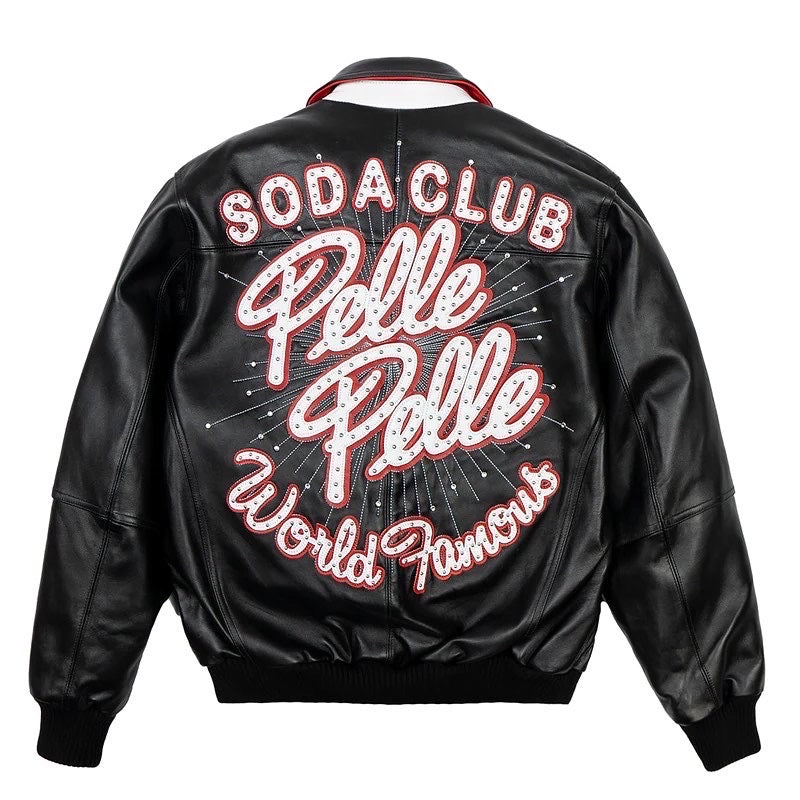 Pelle Pelle World Famous Soda Club Leather Varsity Jacket Black