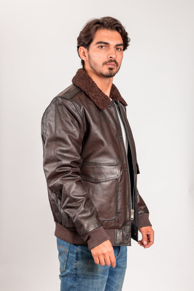 Mens Bomber Leather Jacket Brown
