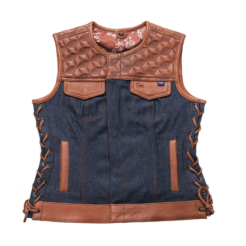 Blue Label Women's Club Style Leather/Denim Vest - Limited Edition Factory Customs First Manufacturing Company XS  