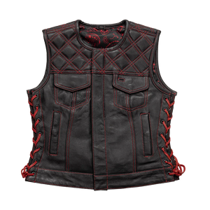 Bonnie - Women's Motorcycle Leather Vest - Diamond Quilt Women's Leather Vest First Manufacturing Company Black Red XS 