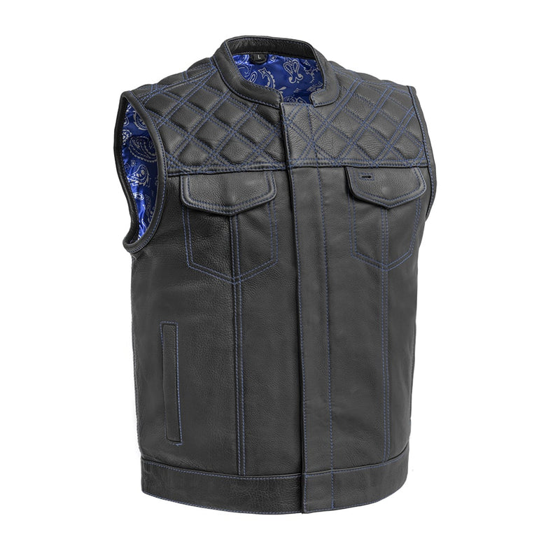 Downside Men's Motorcycle Leather Vest - Black/Blue Men's Leather Vest First Manufacturing Company S Royal Blue 