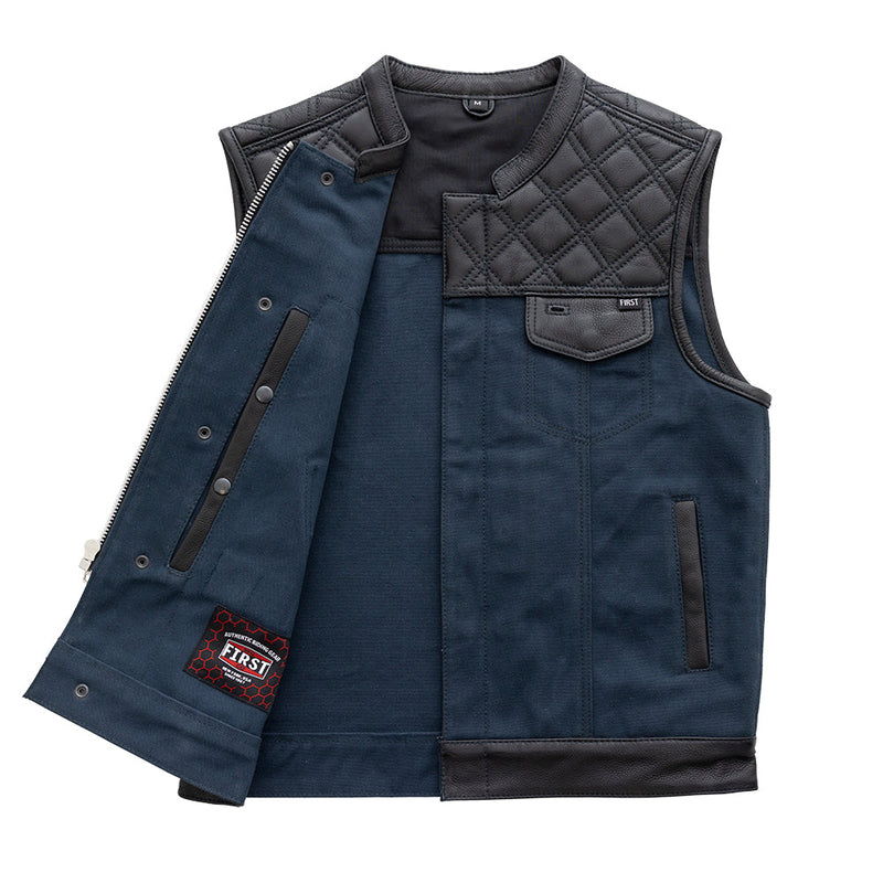 Hunt Club Motorcycle Leather Canvas Vest Blue Men's Canvas Vests First Manufacturing Company   