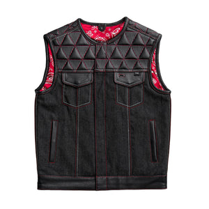 Rush - Men's Club Style Leather/Denim Motorcycle Vest - Limited Edition Factory Customs First Manufacturing Company S  