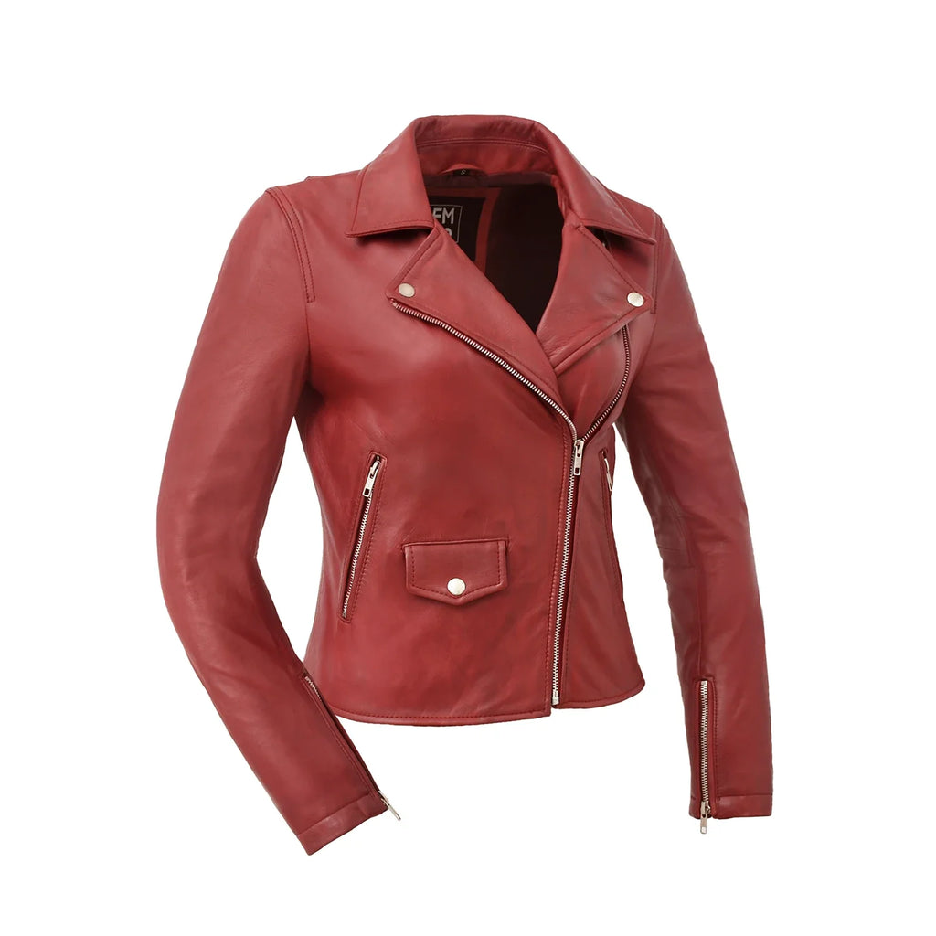 Lennox  Moto Style Leather Jacket Women's Fashion Leather Jacket FMCo Fire Red XS 