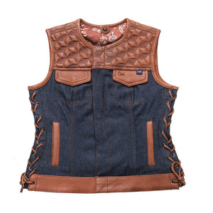 Blue Label Women's Club Style Leather/Denim Vest - Limited Edition Factory Customs First Manufacturing Company XS  