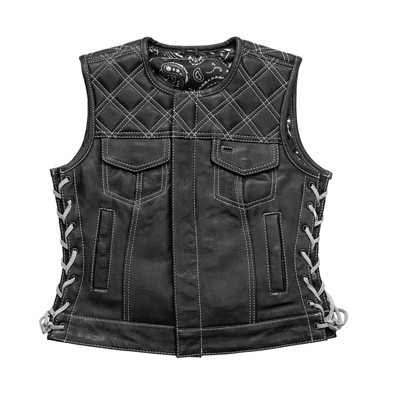 Bonnie - Women's Motorcycle Leather Vest - Diamond Quilt Women's Leather Vest First Manufacturing Company Black White XS 