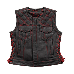 Bonnie - Women's Motorcycle Leather Vest - Diamond Quilt Women's Leather Vest First Manufacturing Company Black Red XS 