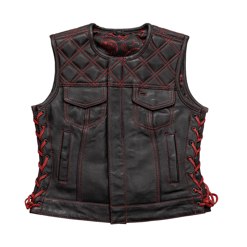 Bonnie - Women's Motorcycle Leather Vest - Diamond Quilt Women's Leather Vest First Manufacturing Company Black Red XS 