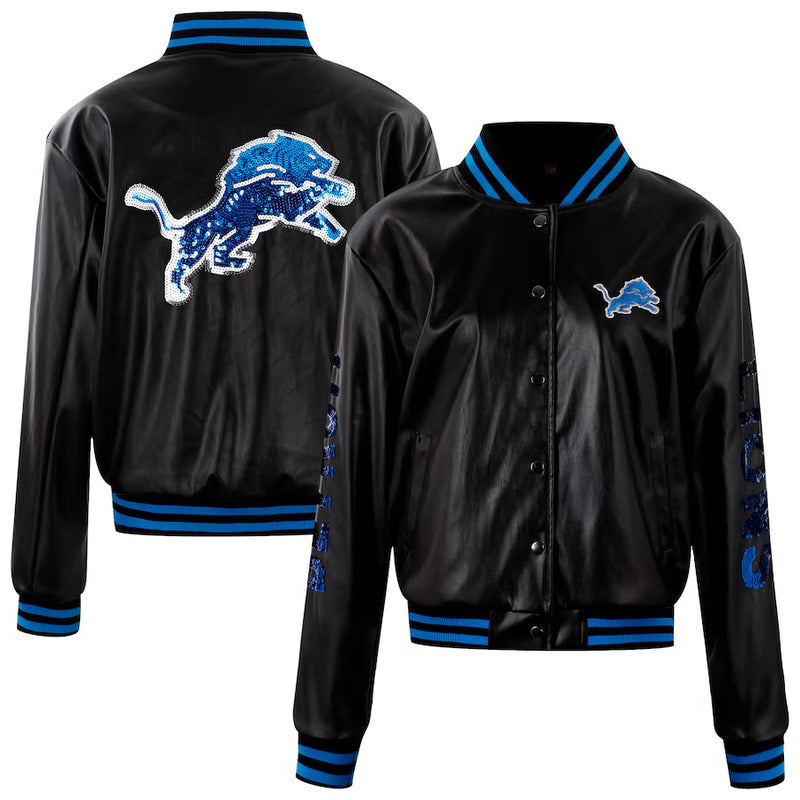 Ladies Detroit Lions Bling Faux Leather Jacket