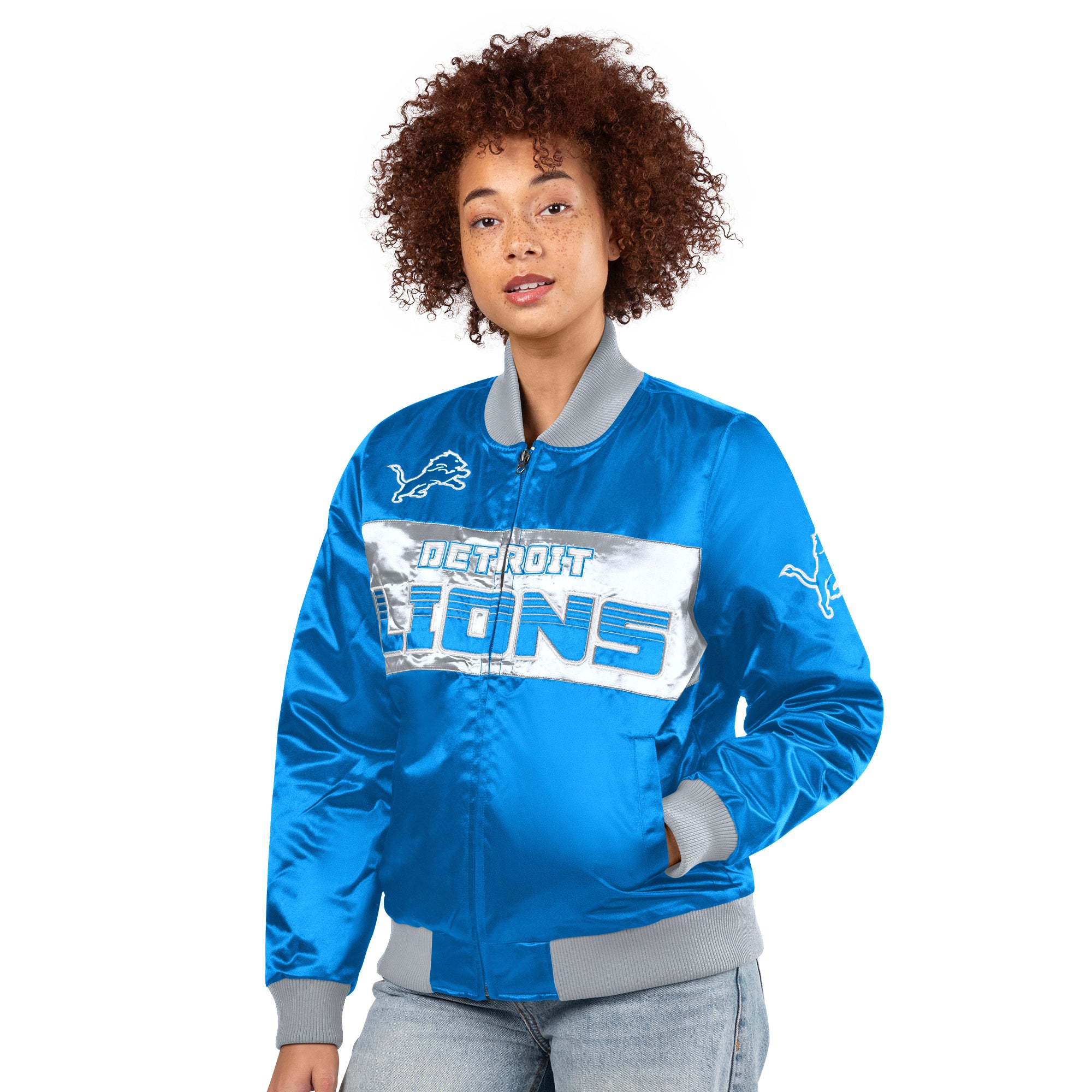 Exclusive: Ladies Detroit Lions ShowTime Satin Jacket Black – DS