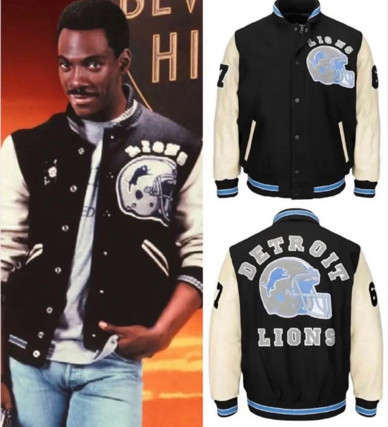 Authentic Detroit Lions Axel Foley Wool & Leather Varsity Jacket