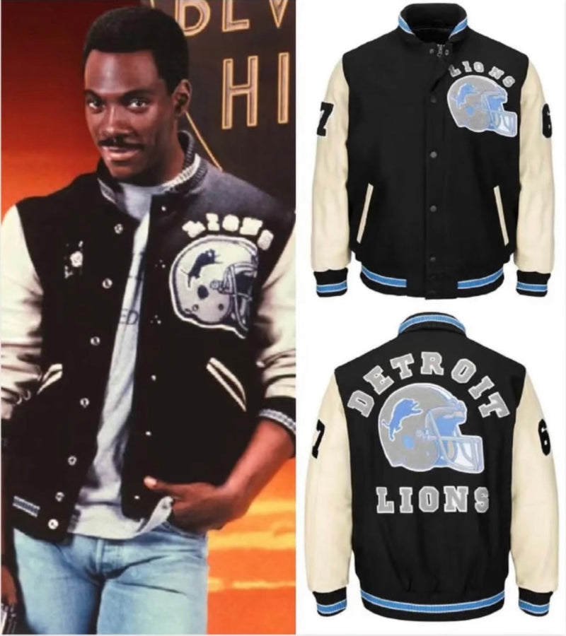 Classic Fashion Men's Axel Foley Detroit Lions Varsity Jacket – Wool With Leather Sleeves