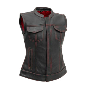 Jessica Perforated Women's Motorcycle Leather Vest Women's Vest First Manufacturing Company Black Red XS 