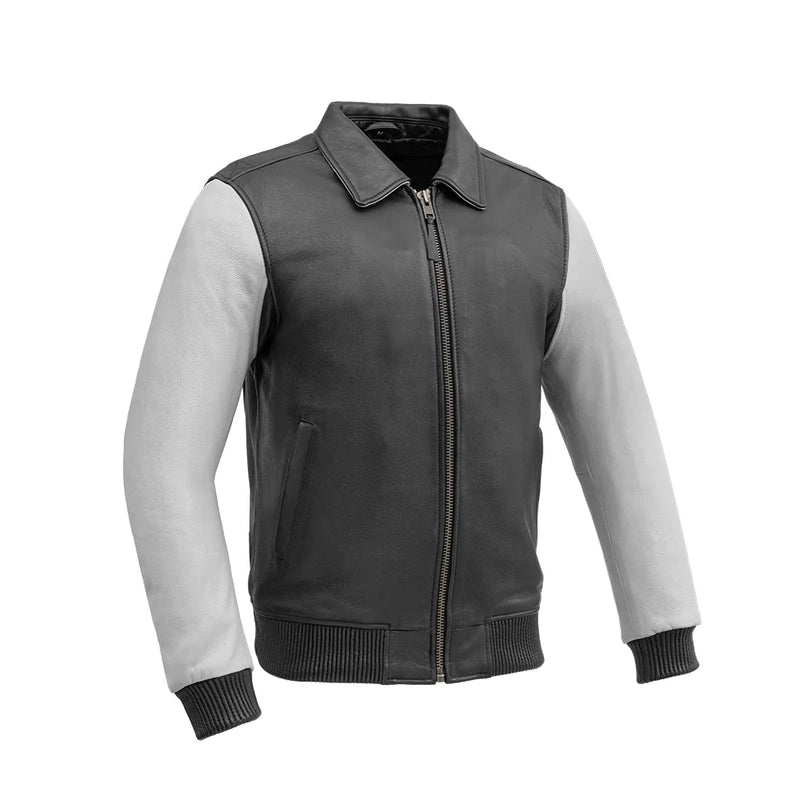 Moto Bomber Two Tone Men's Leather Jacket Men's Leather Jacket First Manufacturing Company Black White S