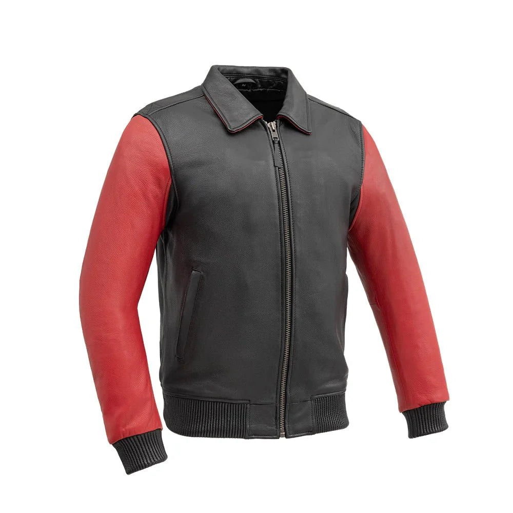 Moto Bomber Two Tone Men's Leather Jacket Men's Bomber Jacket First Manufacturing Company Black Red S 