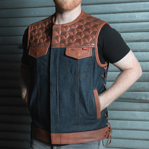 Red Label  - Men's Club Style Leather/Denim Motorcycle Vest - Limited Edition Factory Customs First Manufacturing Company   