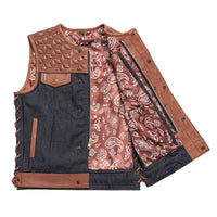 Red Label  - Men's Club Style Leather/Denim Motorcycle Vest - Limited Edition Factory Customs First Manufacturing Company   