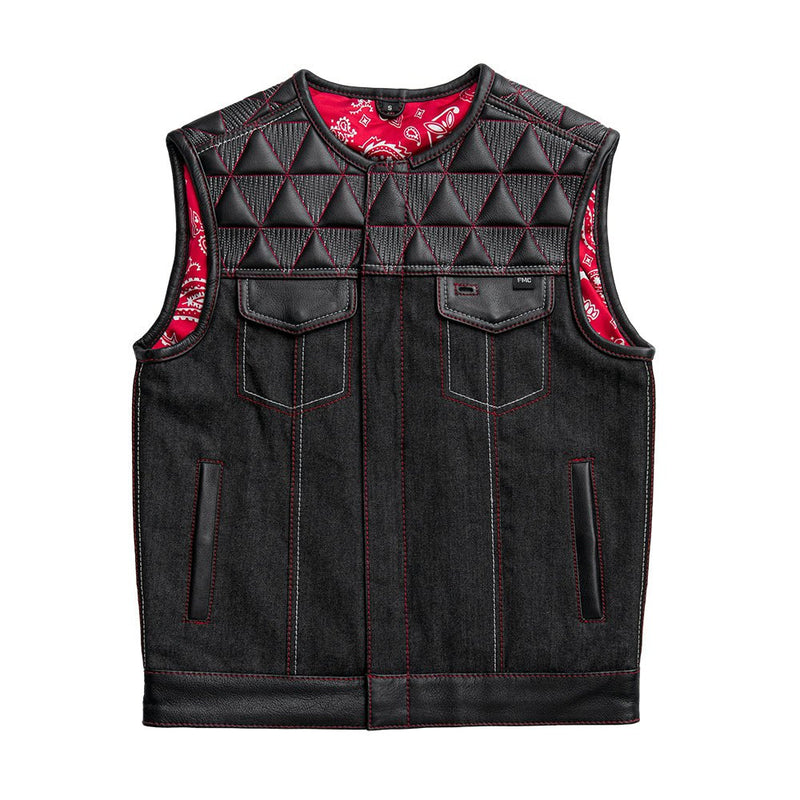 Rush - Men's Club Style Leather/Denim Motorcycle Vest - Limited Edition Factory Customs First Manufacturing Company S  