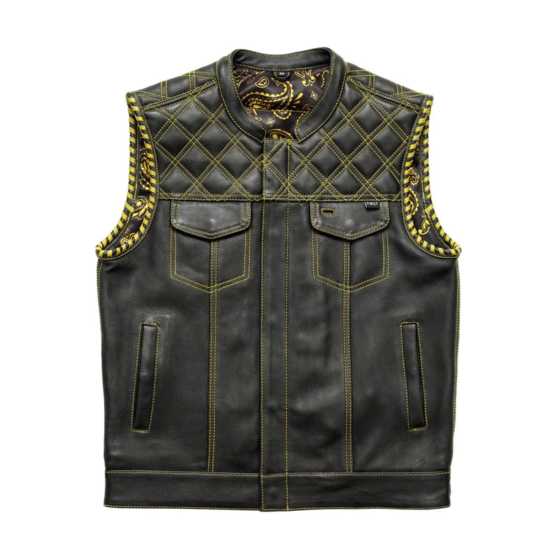 Sinister - Men's Motorcycle Leather Vest Men's Leather Vest First Manufacturing Company Black Yellow S 