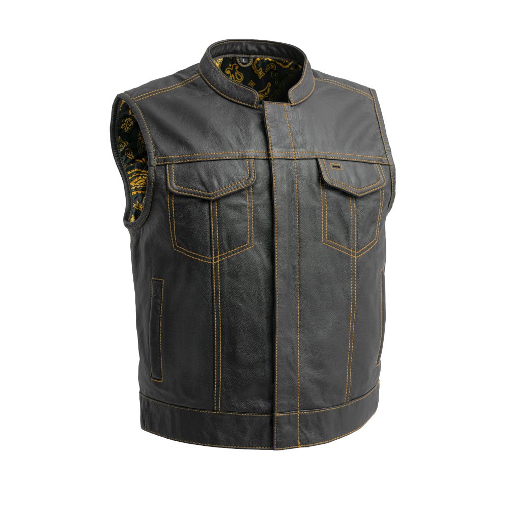 The Club Cut Men's Motorcycle Leather Vest, Multiple Color Options Men's Leather Vest First Manufacturing Company Gold S 