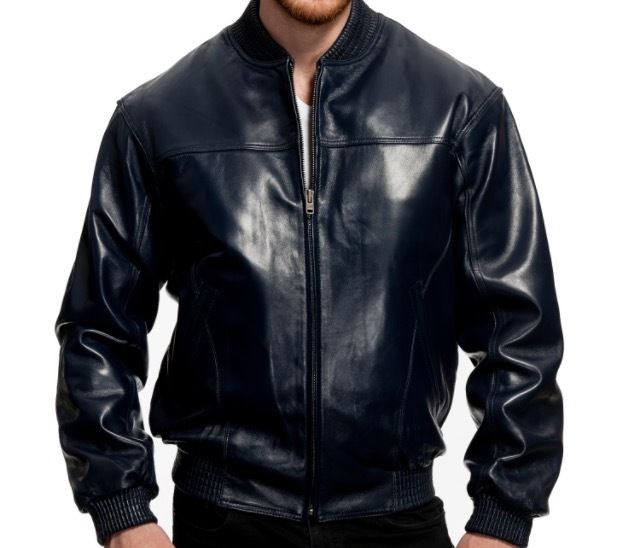 Men's Fashion Rib Collar Baseball Jacket Genuine Lambskin Leather - navy