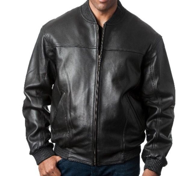Men's Fashion Rib Collar Baseball Jacket Genuine Lambskin Leather - black