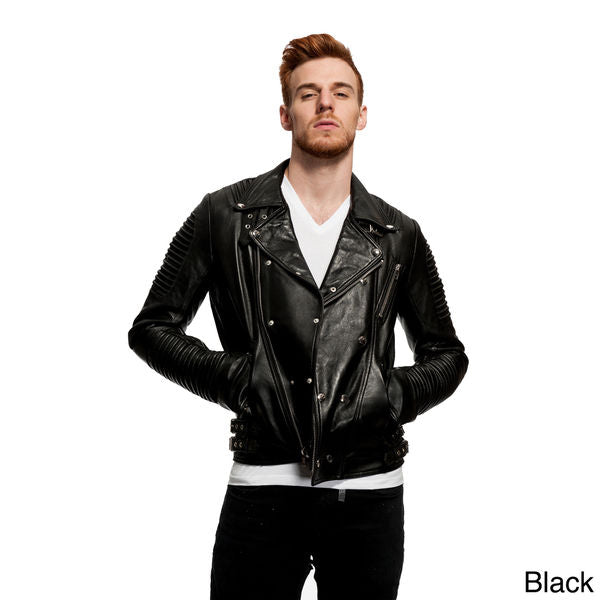 Men's Fashion Assymetrical Biker Jacket Genuine Lambskin Leather - black