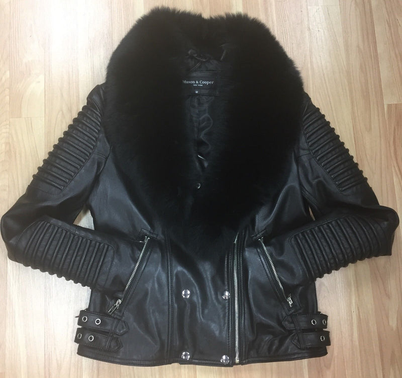 Mason and Cooper Ladies Asymmetrical Lambskin Biker Jacketet with Black Fox Fur
