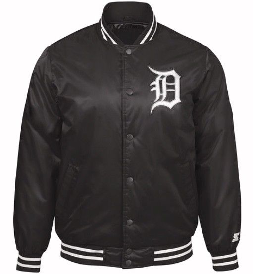 Authentic Detroit Tigers Baseball MLB Starter Jacket Black with White Script (front)