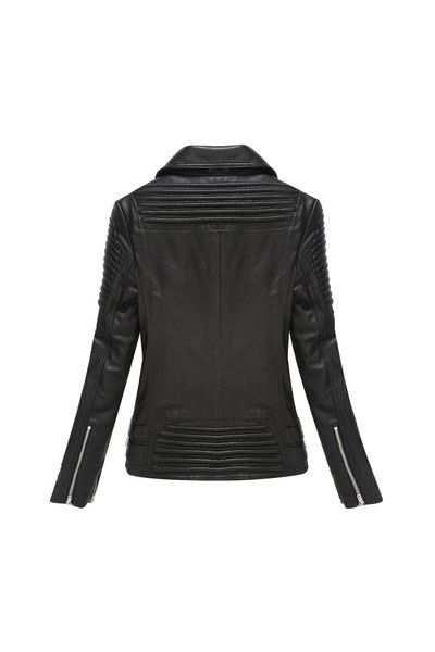 Zippered moto asymmetrical lambskin jacket with detailed piping - black