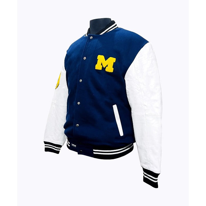【U LAN】Michigan Button Cotton Jacket Michigan Wolverines Starter O-Line Varsity Full-Button Satin