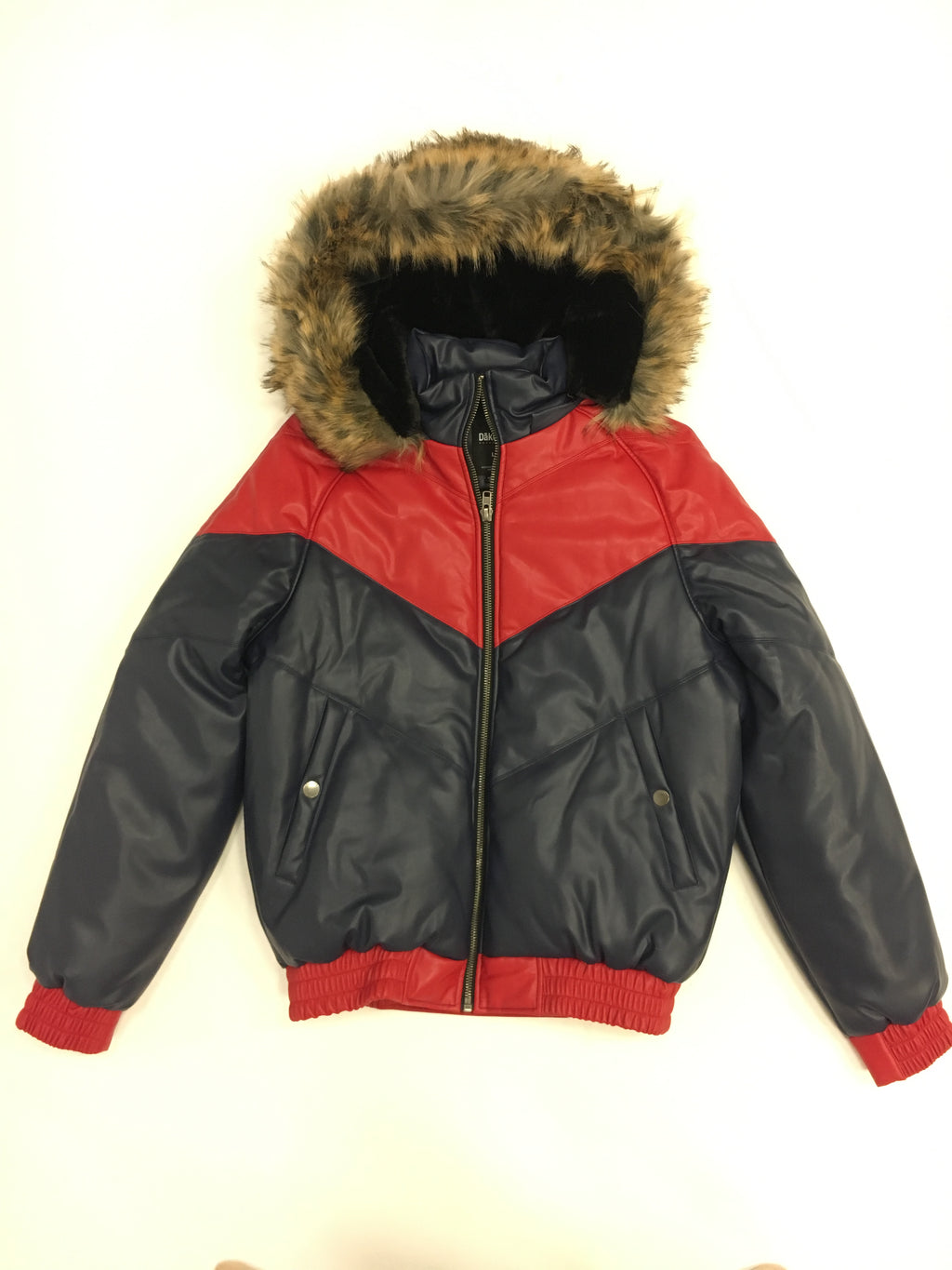 Kids Faux Leather V Bomber Jacket with Detachable Faux Fur Hood - Red and Navy