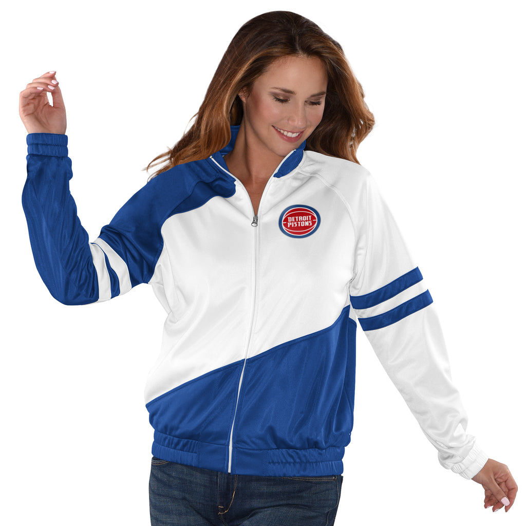Women's Detroit Pistons Basketball Track Jacket by Carl Banks - White/Blue (front)