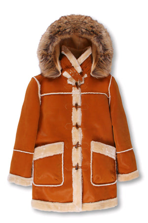 Kids ¾ Toggle Faux Shearling with Detachable Hood - Cognac with Natural