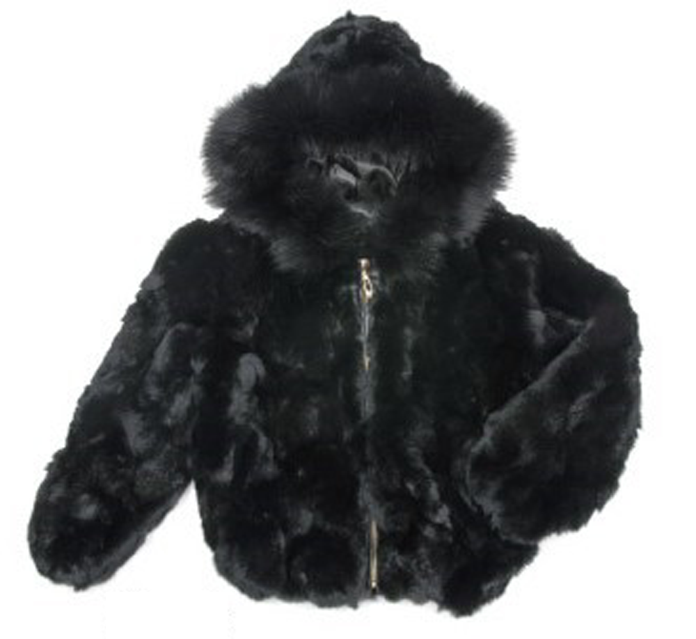 Kids Rabbit Fur Hooded Bomber Jacket - Black – DS Online