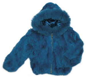Kids Rabbit Fur Hooded Bomber Jacket - Blue