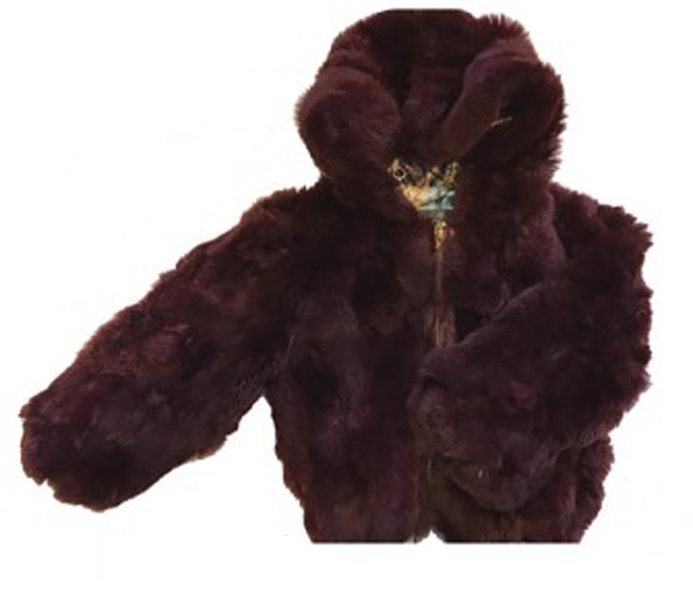 Kids Rabbit Fur Hooded Bomber Jacket - Burgundy