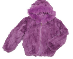 Kids Rabbit Fur Hooded Bomber Jacket - Purple