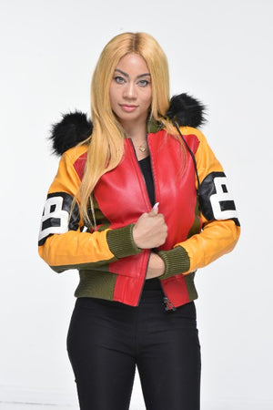 Ladies Eight Ball Faux Leather Bomber Jacket with Detachable Hood – Multi Color
