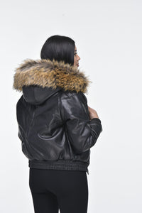 Ladies Faux Leather V Bomber Jacket with Detachable Faux Fur Hood (READ DESCRIPTION) - Black
